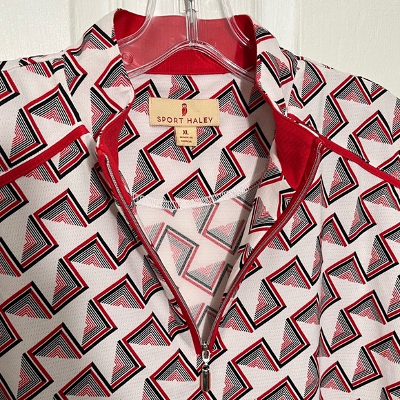 Sport Haley Red and White Geometric Mock 1/4 Zip Stretch Golf Top | size XL - Picture 5 of 7